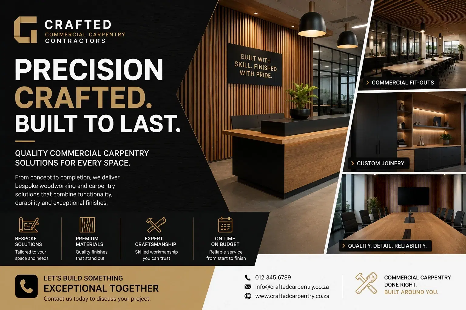 Landscape cabinetry advertisement with kitchen imagery, service features, and contact details