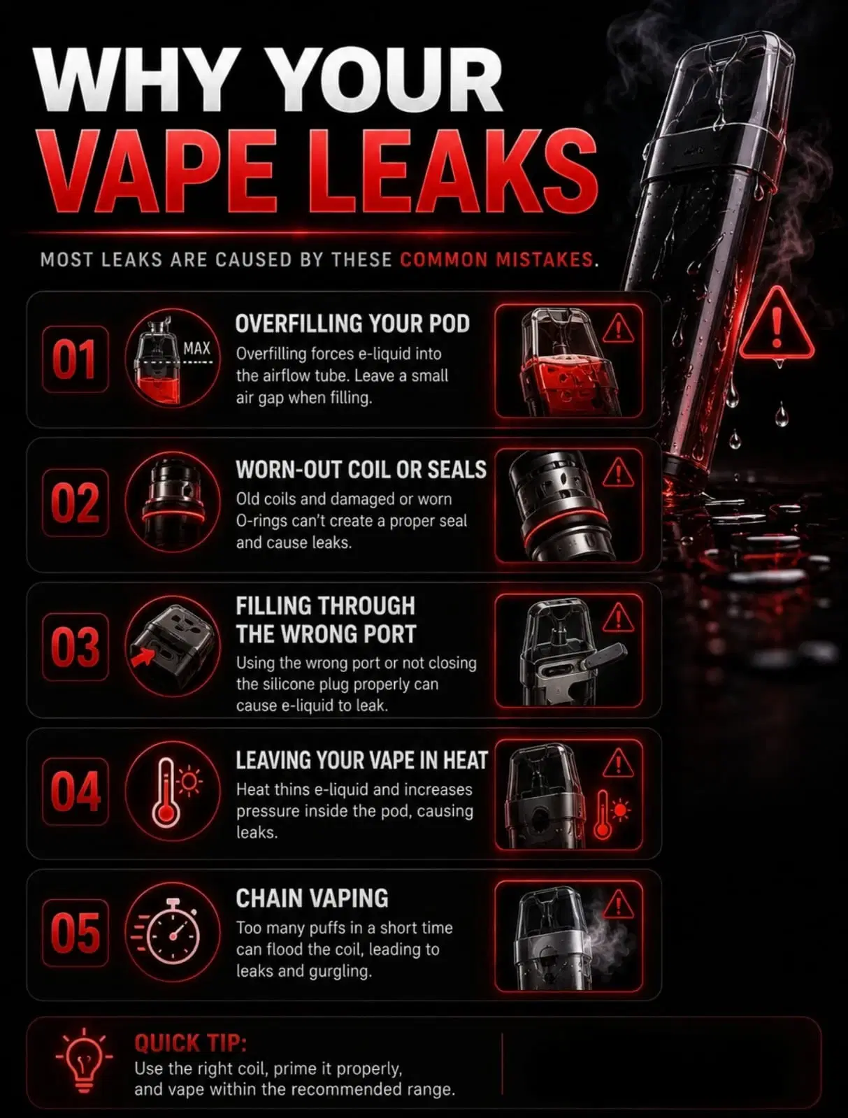 Portrait infographic listing common reasons a vape leaks with numbered panels and red warning accents