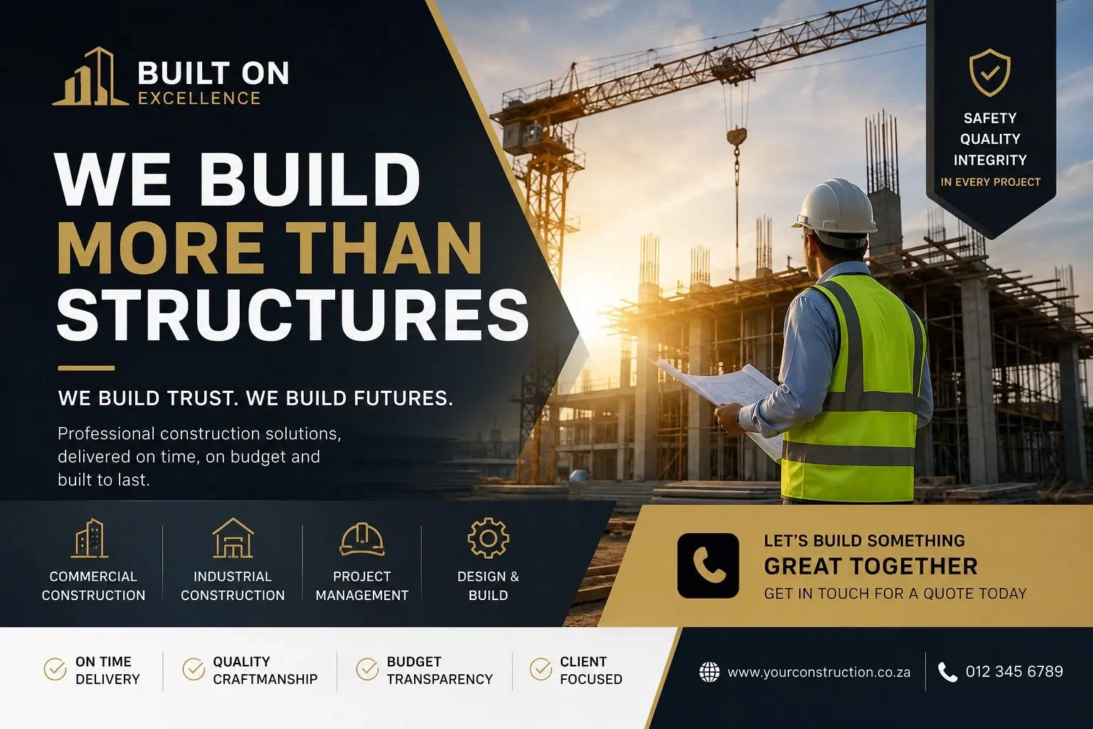 Landscape construction company advert with cranes, engineer, service icons, and contact details