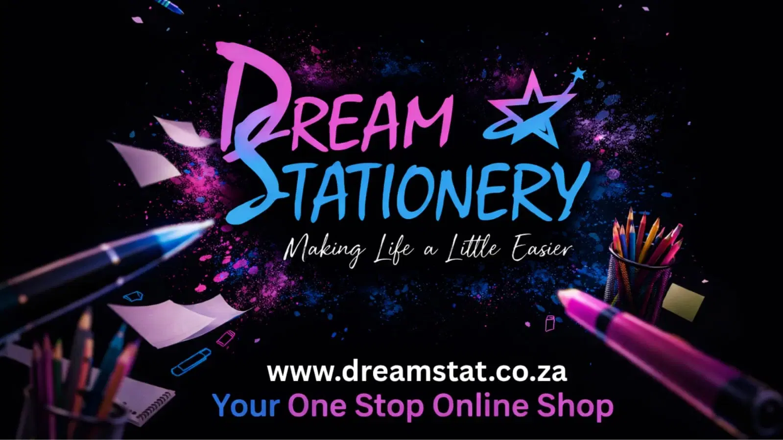 Wide Dream Stationery banner with neon stationery artwork and online shop messaging
