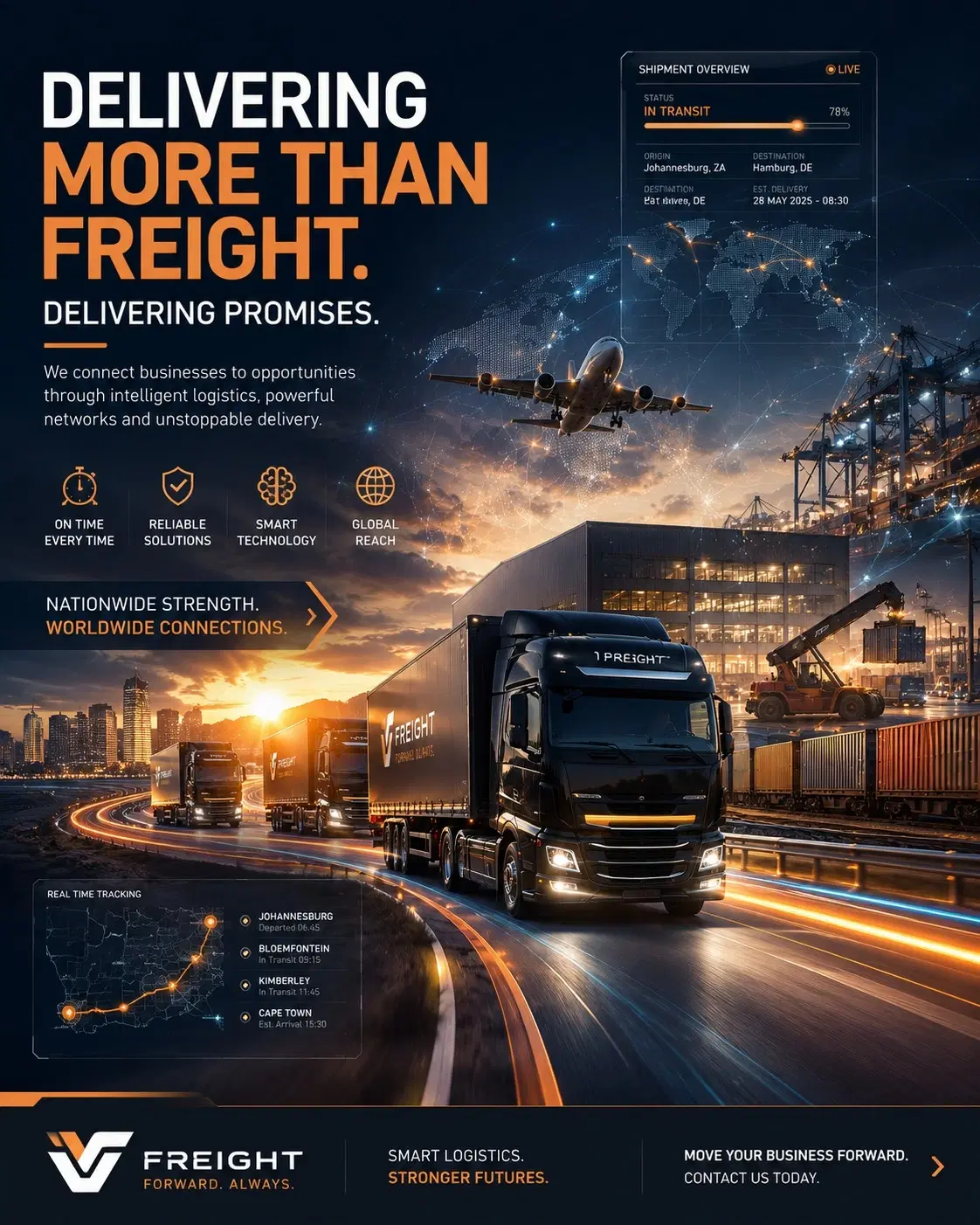 Portrait freight logistics advert with truck, port imagery, and delivery promise messaging